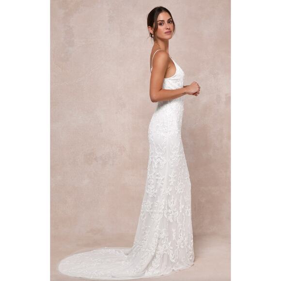 Lulus Everlasting Passion White Sequin Beaded Backless Maxi Dress Wedding S NWT - Picture 3 of 15